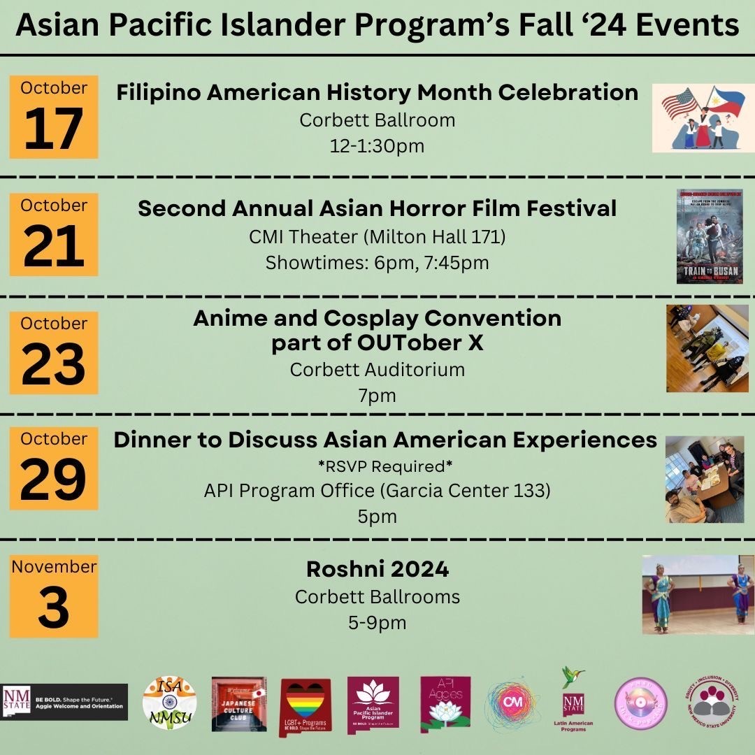 The image is a promotional flyer for the Asian Pacific Islander Program’s Fall 2024 Events. The flyer has a light green background with black text and includes event details sorted by date on orange blocks. Each event description is separated by dashed lines, and some events include related images. The bottom of the flyer features logos of sponsoring or related organizations.  Details:  Title:  "Asian Pacific Islander Program’s Fall ‘24 Events" in bold black text centered at the top. Event 1:  Date: October 17 Title: Filipino American History Month Celebration Location: Corbett Ballroom Time: 12-1:30 pm Image: Small illustration of three people holding American and Philippine flags on the right. Event 2:  Date: October 21 Title: Second Annual Asian Horror Film Festival Location: CMI Theater (Milton Hall 171) Showtimes: 6 pm, 7:45 pm Image: Movie poster for "Train to Busan" on the right. Event 3:  Date: October 23 Title: Anime and Cosplay Convention part of OUTober X Location: Corbett Auditorium Time: 7 pm Image: A photo of people in cosplay costumes on the right. Event 4:  Date: October 29 Title: Dinner to Discuss Asian American Experiences Location: API Program Office (Garcia Center 133) Time: 5 pm Note: RSVP Required Image: A photo of people seated around a table, engaged in discussion on the right. Event 5:  Date: November 3 Title: Roshni 2024 Location: Corbett Ballrooms Time: 5-9 pm Image: A photo of people in colorful traditional attire performing on the right. Sponsors:  Logos of various supporting organizations at the bottom, including NMSU, Japanese Culture Club, LGBT+ Programs, etc.