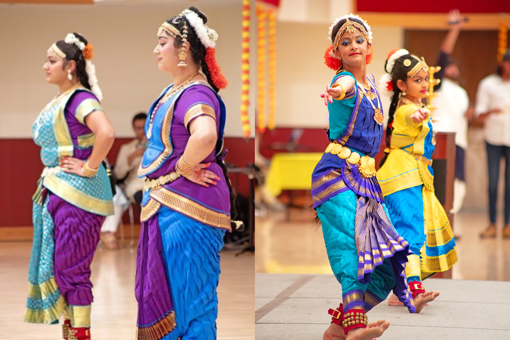 The composite image showcases four women engaged in traditional Indian dance. The women are dressed in vivid and elaborate traditional attire significant to Indian classical dance forms. The image is split into two halves. On the left side, two women stand in profile with their hands on their hips, adorned in aqua blue and purple outfits with gold accents. They are wearing waist belts, heavy jewelry, and decorative headpieces with white garlands. On the right side, another pair of women perform a dance move, extending their arms outward. They are dressed in vibrant blue, purple, and yellow costumes with gold trim and are similarly adorned with jewelry and headpieces. The background shows a simple indoor setting with neutral colors and a few blurred figures.