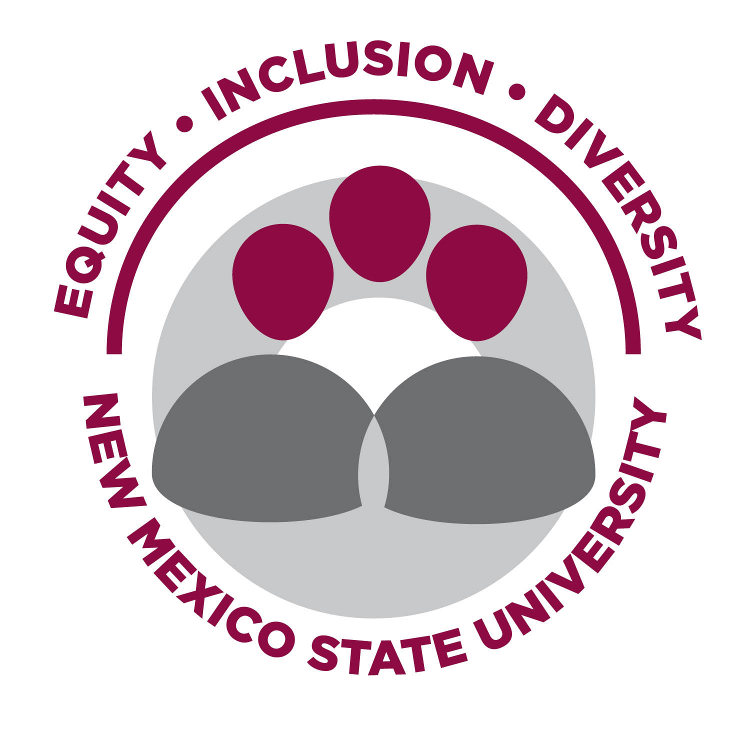 The image is a circular logo with a white background. Within the circle, there are four stylized human figures. The upper half of the figures (representing heads) are in maroon, whereas the lower half (representing bodies) are in gray. The figures are arranged in such a way that two larger, overlapping figures are at the bottom, and above them are three smaller, distinct heads. The figures appear to be part of a diverse group. Surrounding the figures is a maroon circular band with text inscribed within it. The text is in uppercase and reads, "EQUITY • INCLUSION • DIVERSITY" at the top and "NEW MEXICO STATE UNIVERSITY" at the bottom, oriented in a circular path.